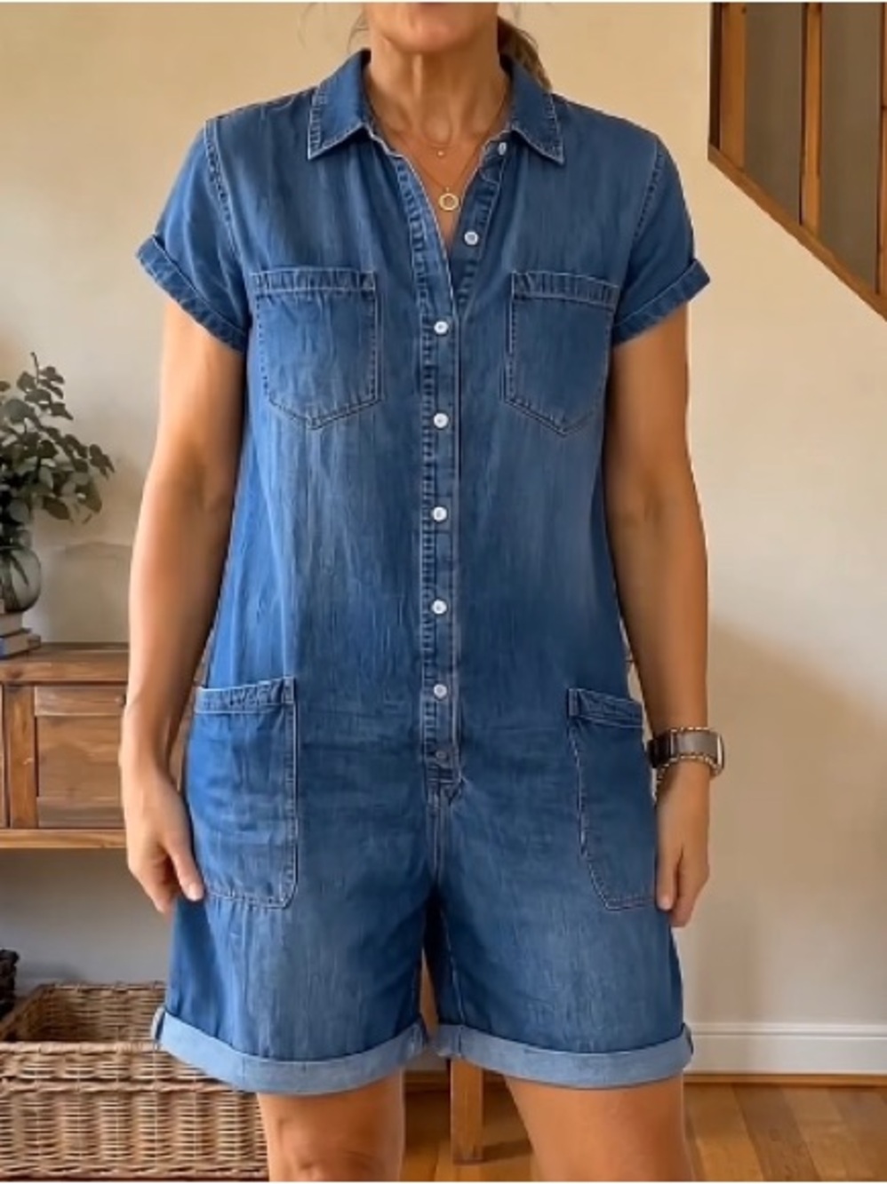 Women's Short-Sleeve Denim Romper in Blue